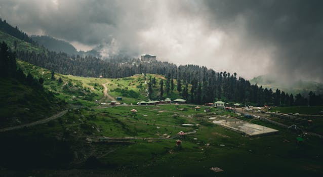 Dramatic view of lush green Malam Jabba landscape with hills and forest under overcast skies.