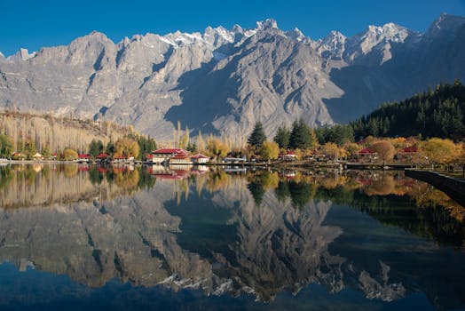 Beautiful reflection of mountains and autumn foliage at Shangrila Lake, Skardu, Pakistan.