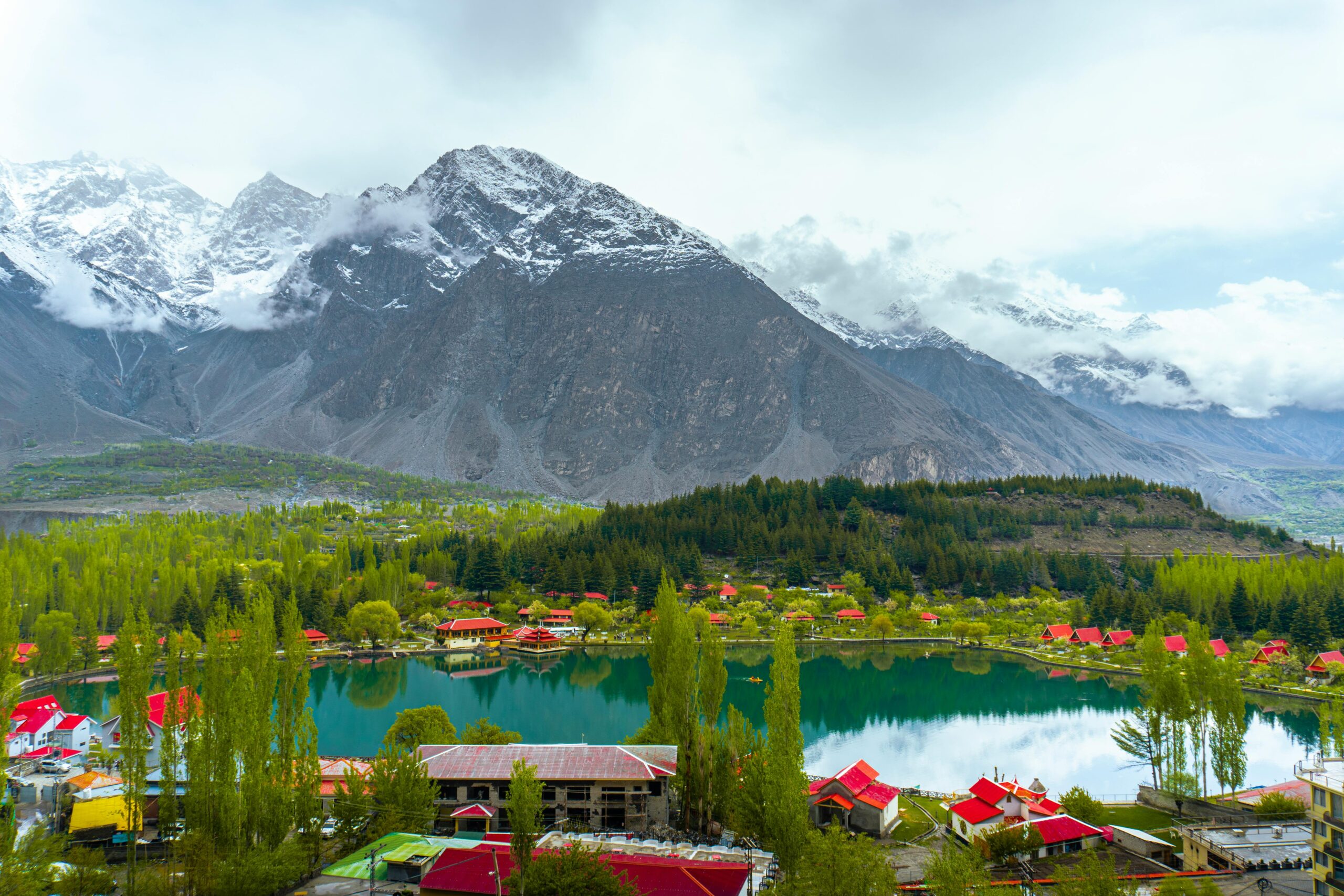 Capture of Shangrila Resort with mountains and lake in Skardu, Pakistan. A perfect travel destination with stunning landscapes.