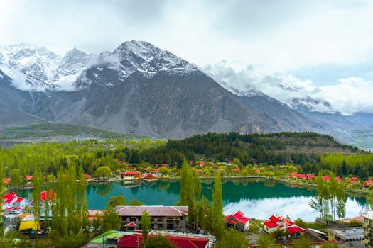 Capture of Shangrila Resort with mountains and lake in Skardu, Pakistan. A perfect travel destination with stunning landscapes. 4 Days private by air Tour
